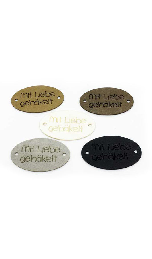 Label oval "mit 🖤 gehäkelt", 30 x 19 mm